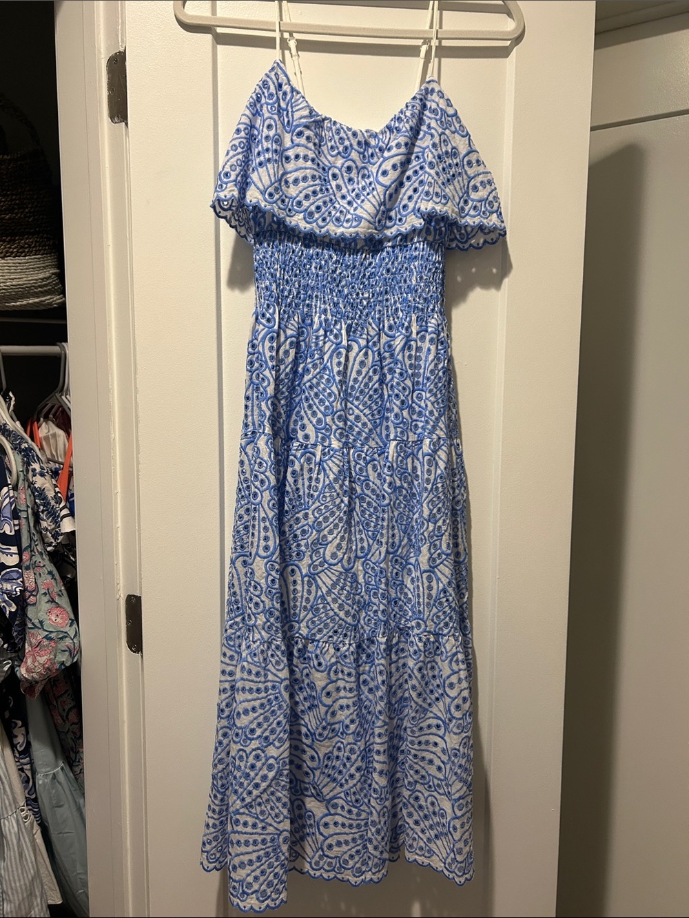 Blue and White Eyelet Midi Dress